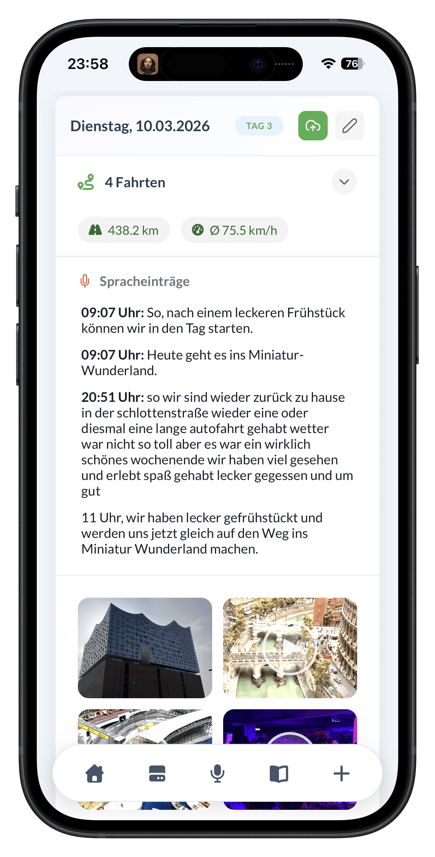 Tagesansicht mit Spracheinträgen und Fotos
