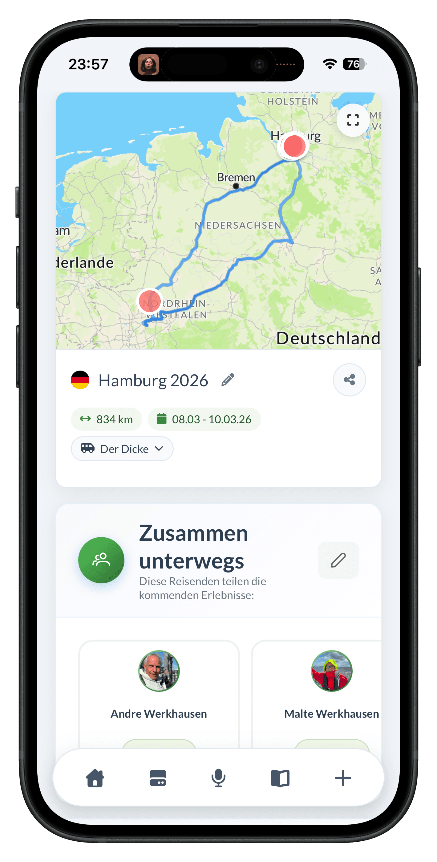 Reise-Detail mit Route auf der Karte