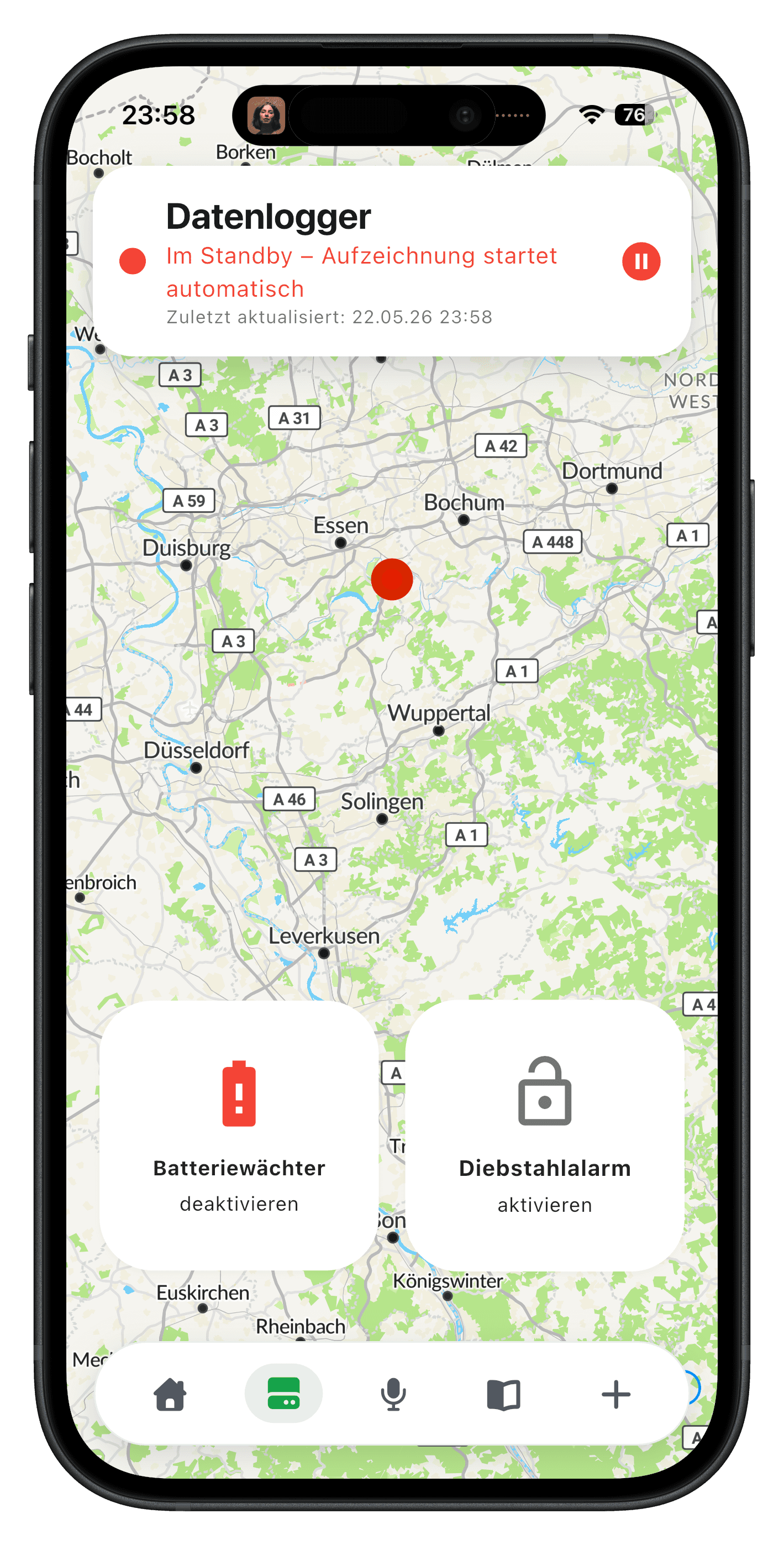 Live-Karte mit Datenlogger und Batteriewächter